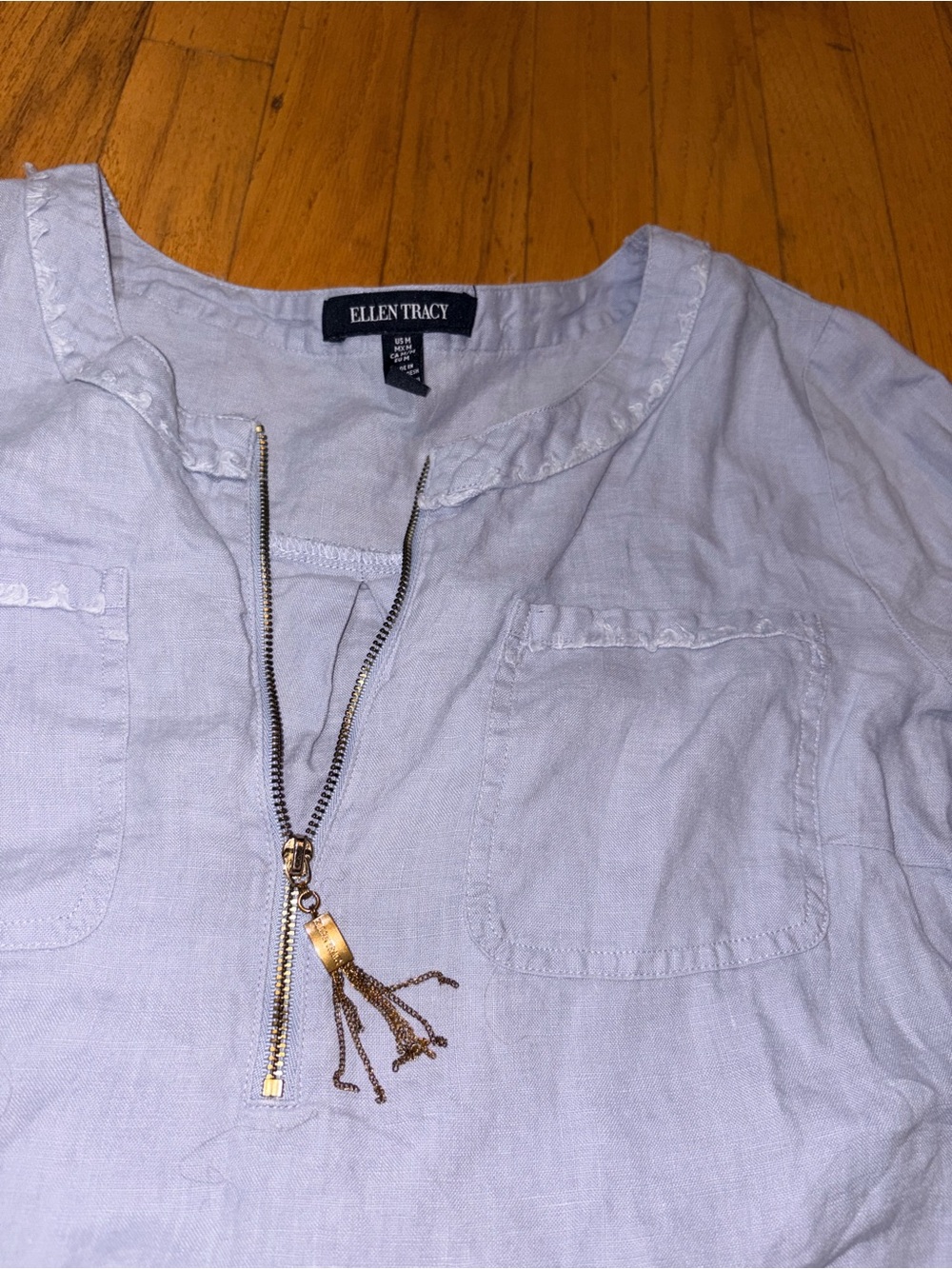 Ellen Tracy Blue 3/4 Sleeve High Low Tunic Blouse Gold Zip Tassel M